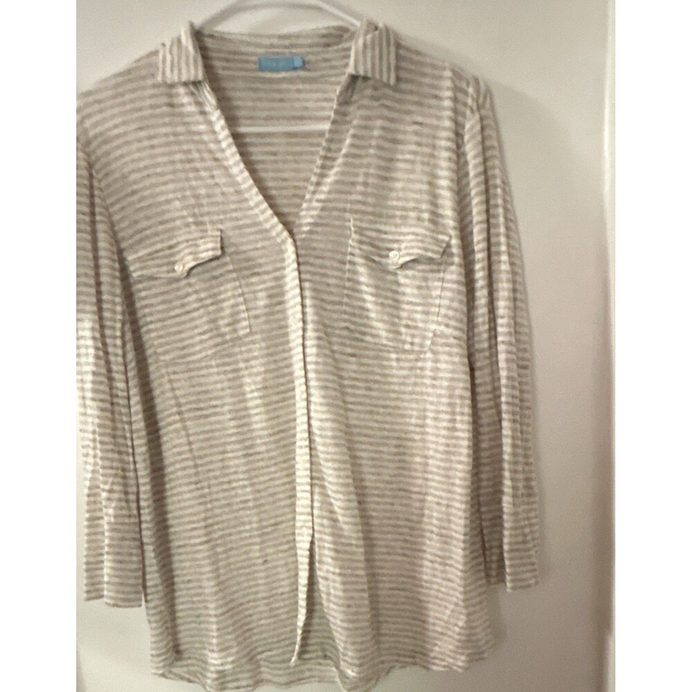 J. McLaughlin Women’s Beige & White Striped Linen Knit Button Blouse 3/4